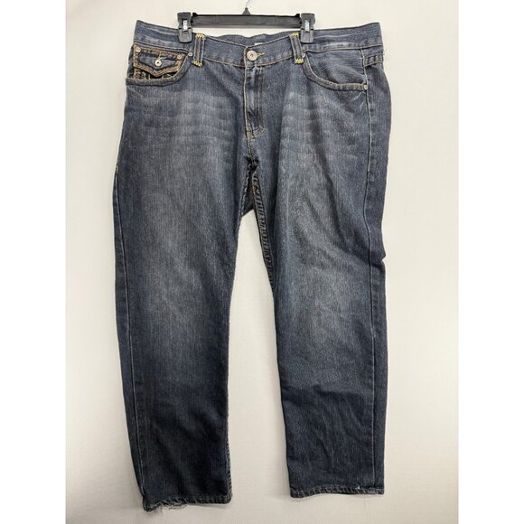 True Religion Joey Super T Jeans Mens 42x33 Denim Pants Thick Stitch Straight - Picture 2 of 9